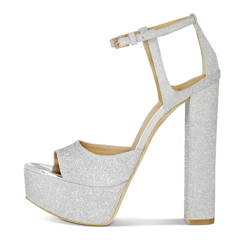 Latest Ladies Ankle Strap Silver Glitter Bridal Shoes Open Toe Chunky Heel Platforms High Heels Sandals Wedding for Women