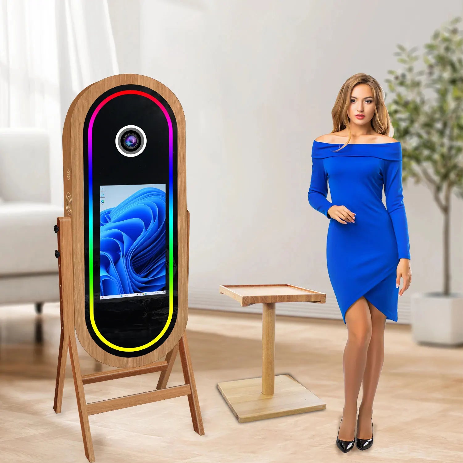 Wedding Selfie Photo Booth Wooden 21.5 Inch Touch Screen Selfie Booth With Printer Stand Magic Mirror Photobooth Machine