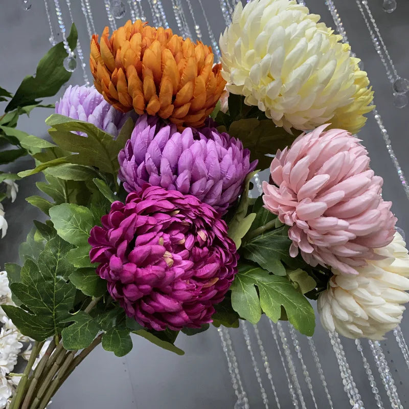 O-X748 Wholesale Single Stem White Yellow Chrysanthemum Flower Silk Funeral Flowers Large Chrysanthemum for Home Wedding Decor