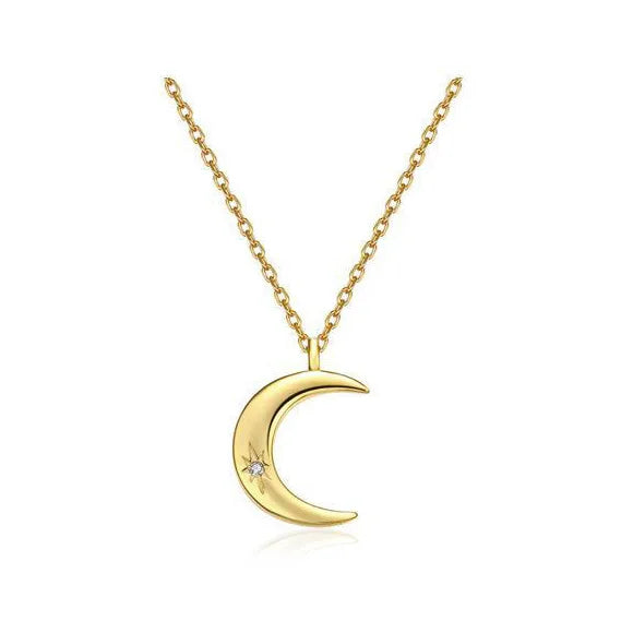 Factory Wholesale 925 Sterling Silver Gold/Silver Plated Trendy Single Stone Zircon Starburst Crescent Moon Charm Necklace