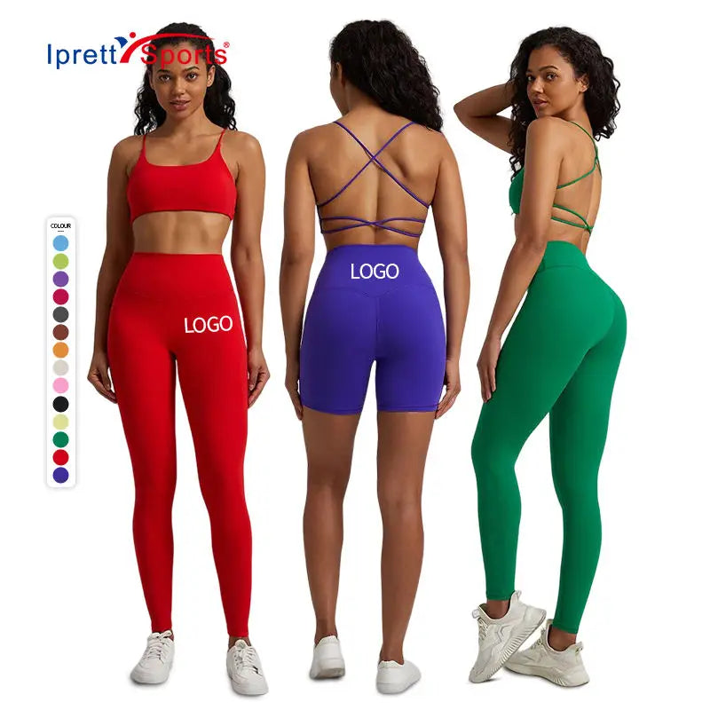 Colorful Series Stunning Cross Back Sports Bra High Waist Shorts Leggings Sets 3 Pieces Sexy Fitness Wear Women Yoga Sets