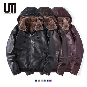 Liu Ming Good Quality Trends 2024 Autumn Winter Men Clothes Hooded Pu Leather Jacket Fleece Plus Size Coats