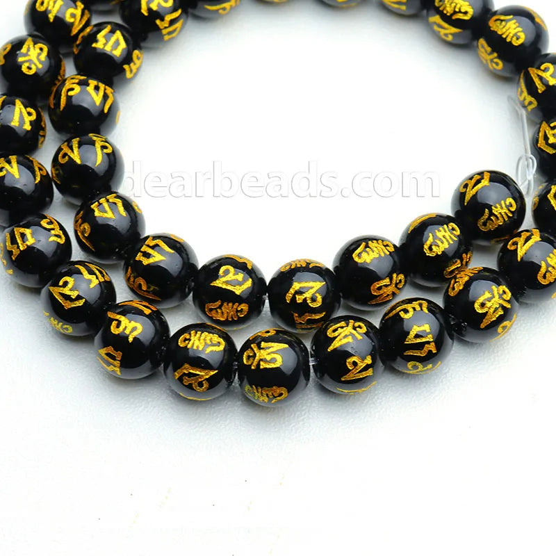 Cheap Natural Onyx Six Ture Words Beads Strand Golden Carved Om Mani Padme Hum the Six Syllable Mantra Bead 35CM/14inches