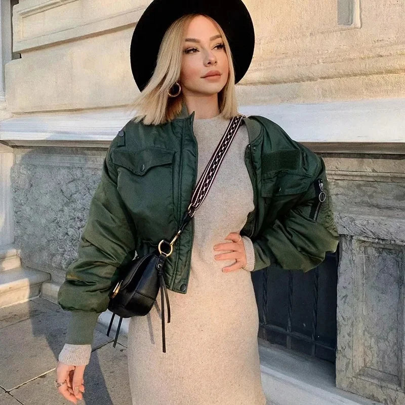 2022 Stylish Lady Autumn Winter Za Green Short Jackets Women Fashion Long Sleeve Zipper Bomber Jacket Outwear Women's Coat
