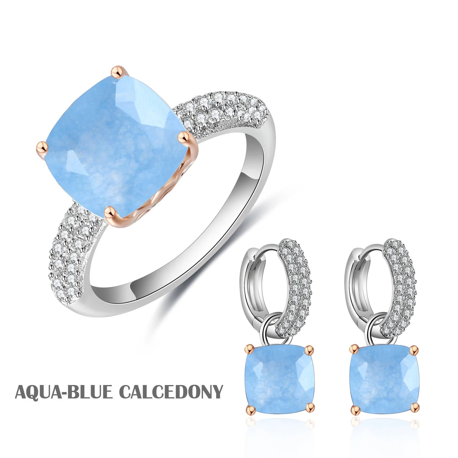 C8346 Abiding Fine Jewelry Wholesale Price 925 Sterling Silver Aqua Blue Calcedony Natural Stone Jewelry Wedding Set