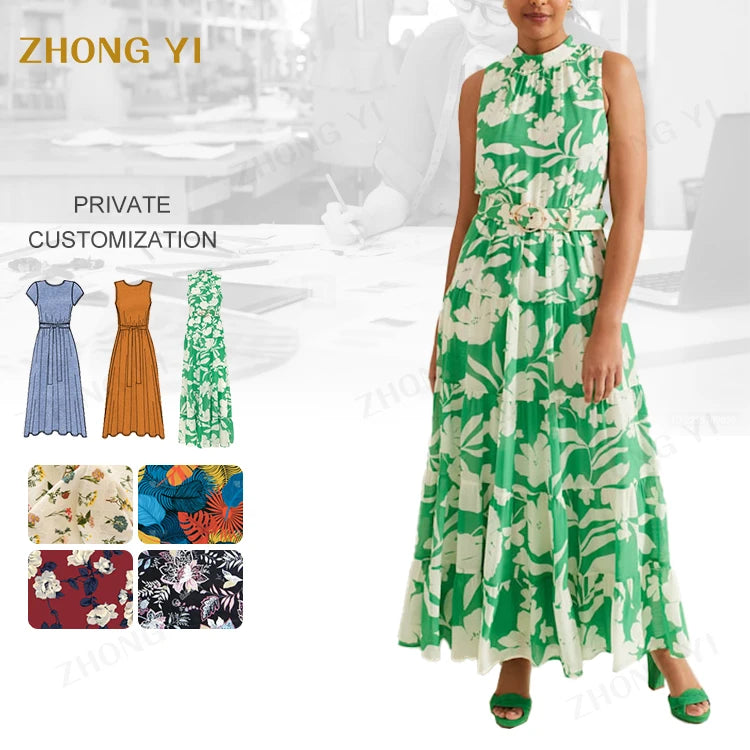 New Girls Clothing Casual Floral Womens Dresses Vacation Belt Crewneck Sleeveless Elegant 2023 Spring Summer Dresses for Women