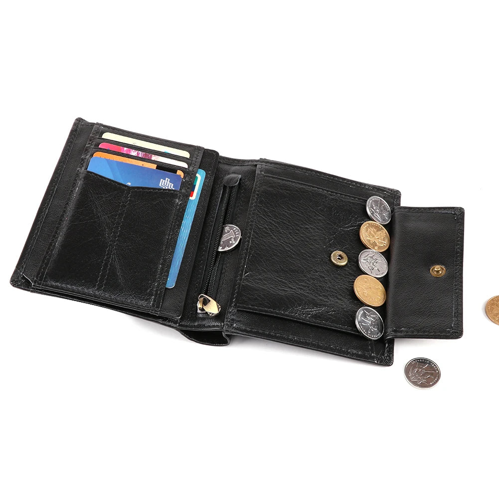 Wholesale Retro Large Capacity Short Bi-fold Cover Card Genuine Leather RFID Unisex Multi Function 5 Inch Polyester Lining Daily