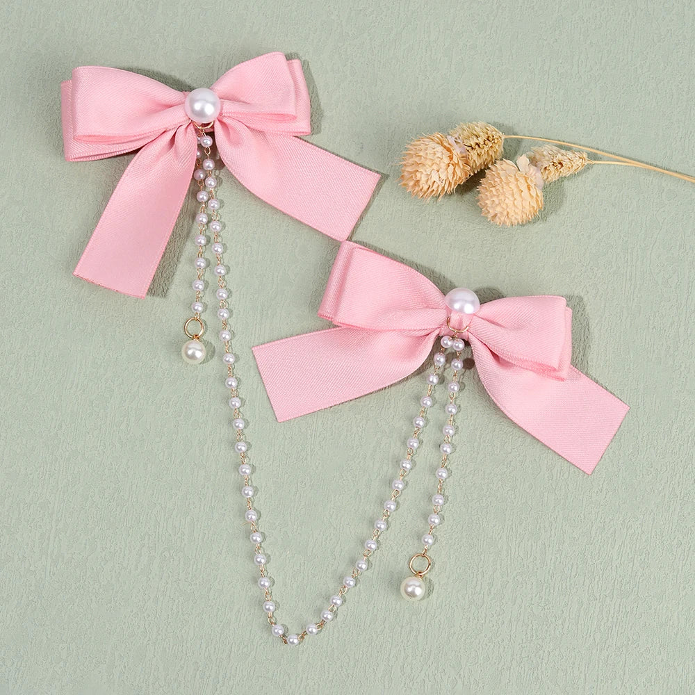 CN 2Pcs Fabric Solid Color Boutique Hair Bow Clip Girls Pearl Tassel Hair Clip Barrette Accessories