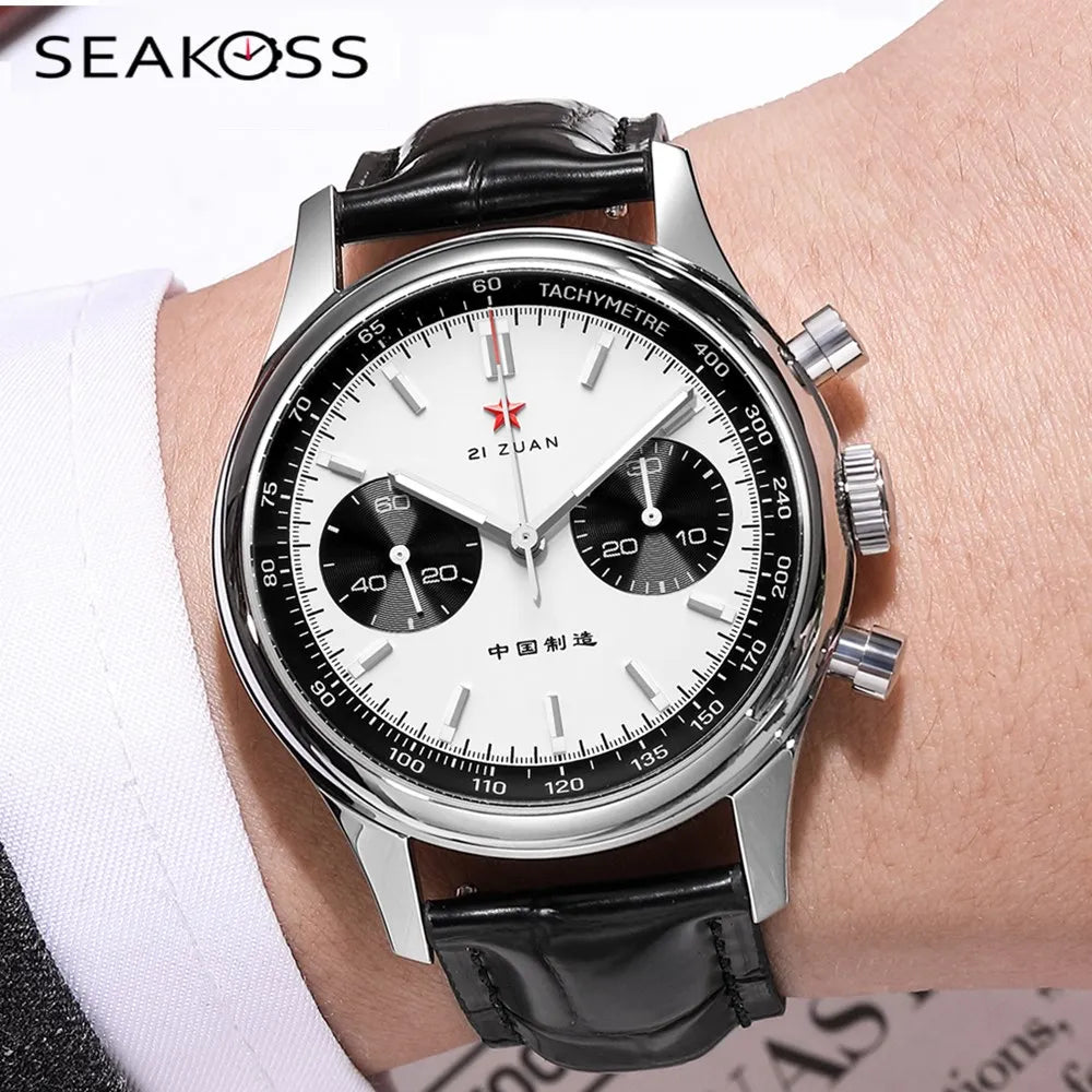 SEAKOSS Men's 1963 Chronograph Mechanical Wristwatch Luminous Sapphire 40mm Leather Original St1901 Seagull Movement Panda