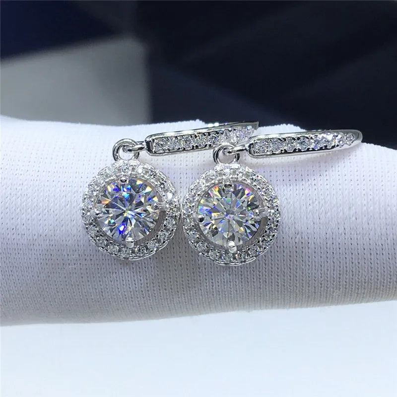 Silver 925 Original Diamond Test Past Total 2 Carat Round Brilliant Cut D Color Moissanite Drop Earrings Real Gemstone Jewelry