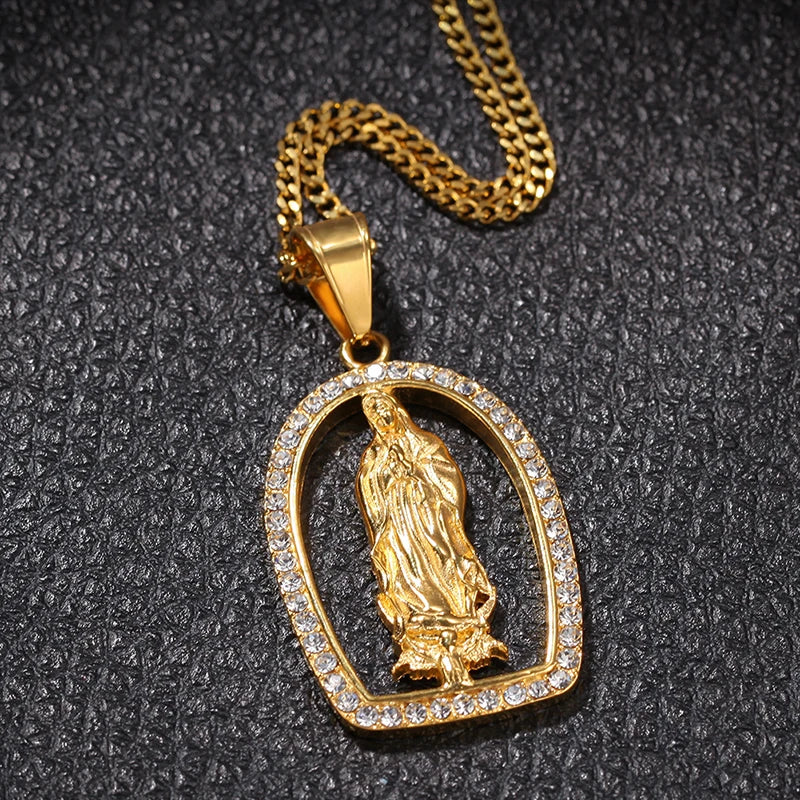 2025 Twinkle Hot Luxury Virgin Mary Necklaces Virgen Mary Necklace CZ Diamond Pedant Charm Stainless Steel Gold Plated
