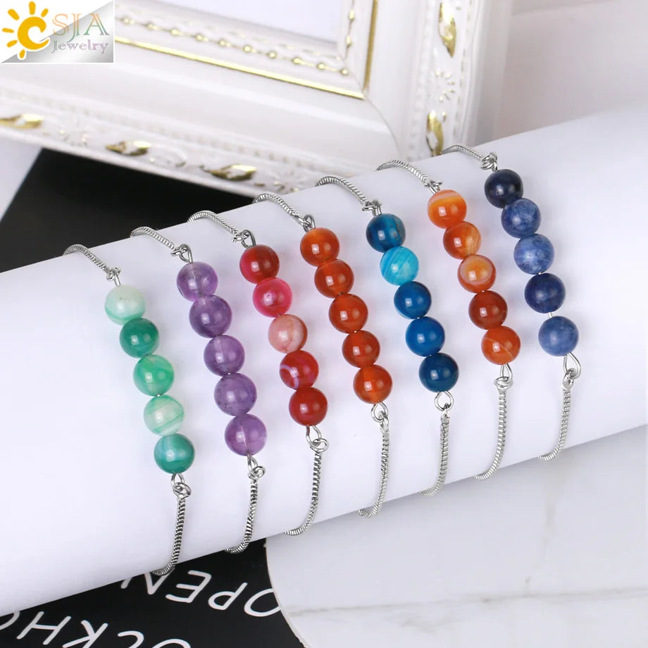 CSJA Fashion Jewelry Bracelets Adjustable Steel Chain 6mm Natural Stone Crystal Bead Bracelet for Girl H060