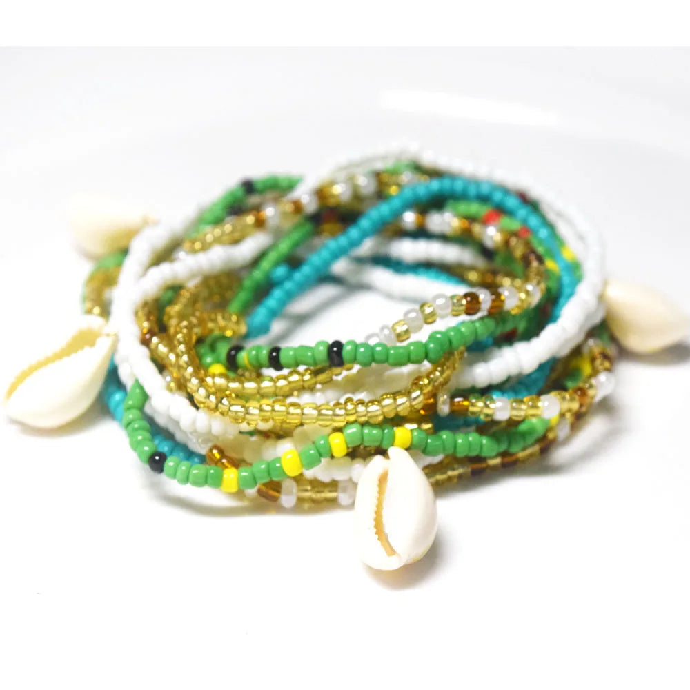 Handmade Glass Seed Beads Waist Belly Chain 4pcs a Set for Women Elastic Cord Sea Shell Charms Stretchy Body Jewelry Supplier
