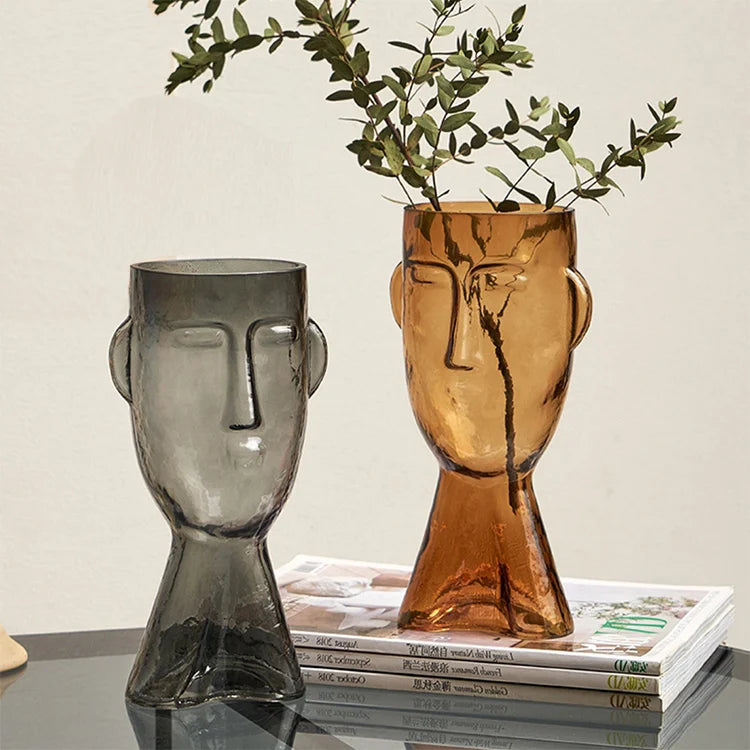 Aeofa Creative Amber Light Vintage Country Style Abstract Face Head Glass Vases Home Decoration