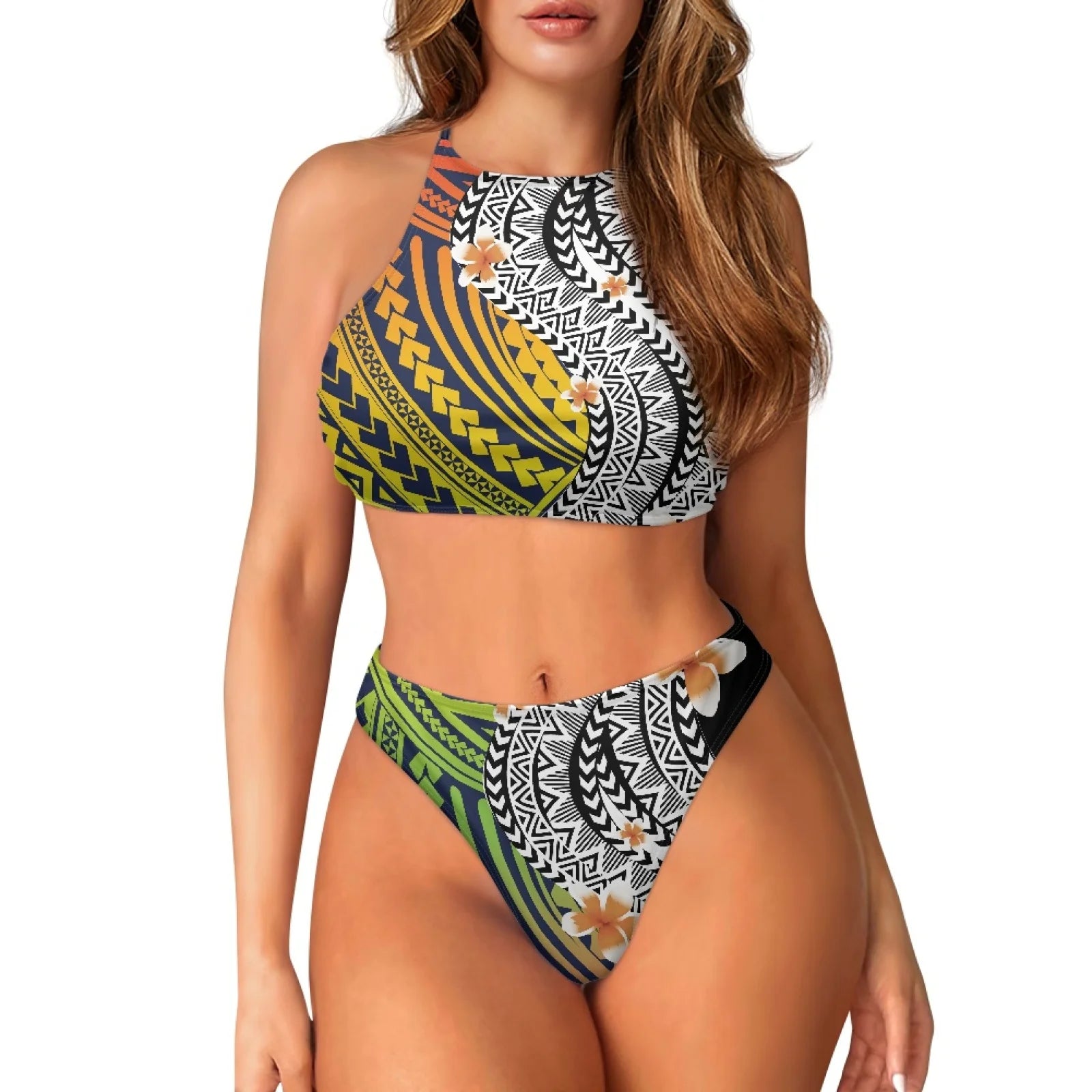 1MOQ Custom Womens Two Piece Swimsuits Wrap Front Bikini High Waisted Bottom Tummy Control Bathing Suits Vintage Print Swimwear