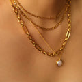 Chris April Retro Simple Stainless Steel Gold Plated Baroque Button Pearl Pendant Necklace