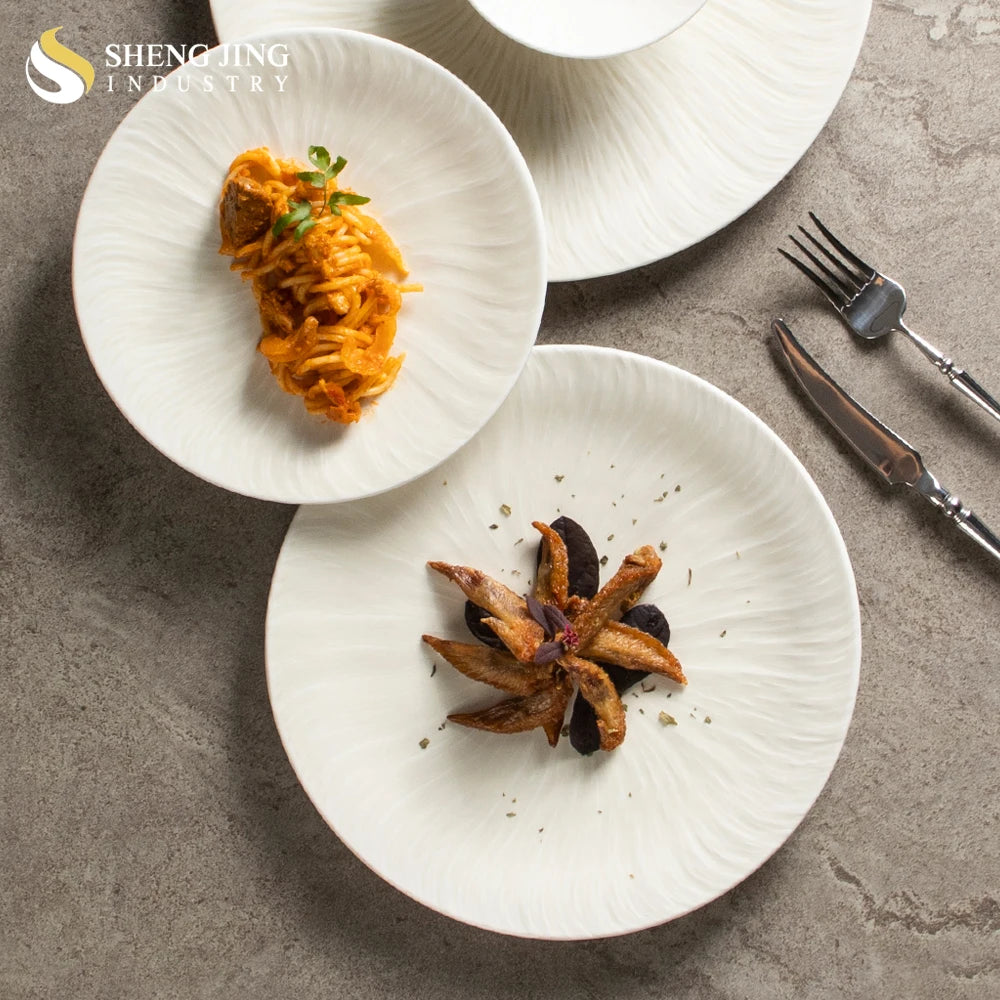 Shengjing New Nordic Beige Dishes Porcelain Plates for Restaurant Hotel Ceramic Round Appetizer Steak Dinnerware