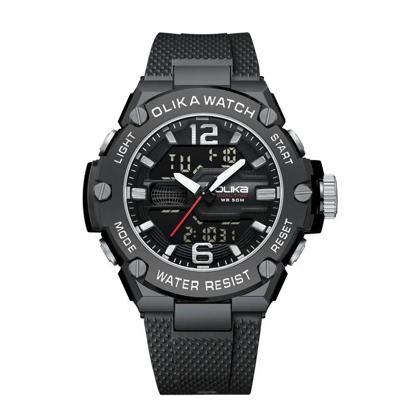 Olika Men's Luxury Sport Digital Dual Display Watch Multifunctional Waterproof Luminous Pointer Stop Function Featuring Plastic