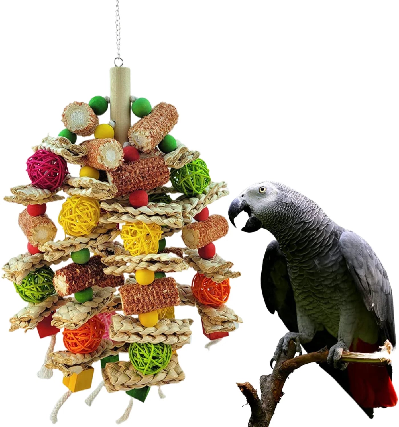 Eco-Friendly Bird Supplies Colorful Wooden Parrot Chewing Toy with Soft Plush for Playing