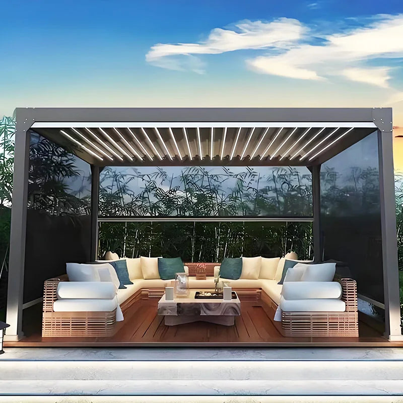 Aluminum Motorized Louvered Pergola Powder Coated LED Modern Aluminum Alloy Garden Gazebos Beach House Decor Waterproof