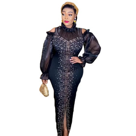 Discount African Dress for Woman Mesh Gauze African Long Dress Luxury Rhinestones Woman African Dress