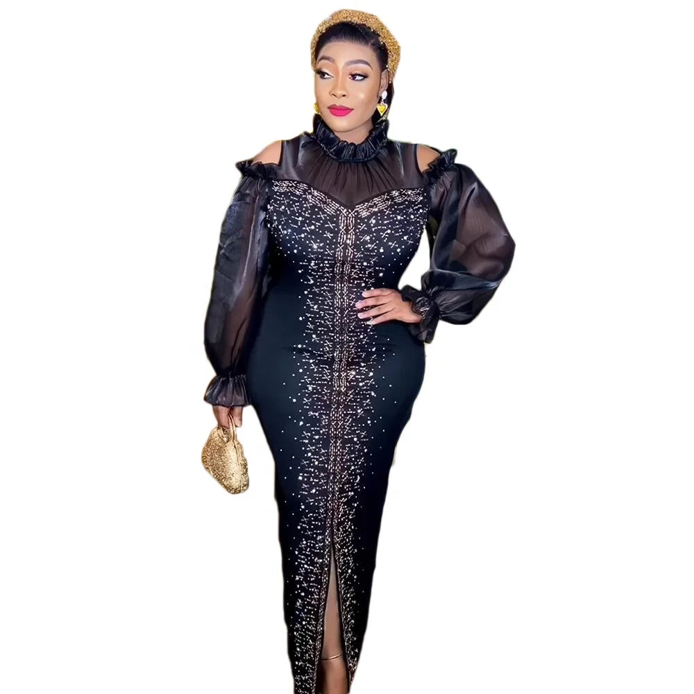 Discount African Dress for Woman Mesh Gauze African Long Dress Luxury Rhinestones Woman African Dress