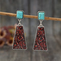 Western 5.6*2cm Bohemia Geometric Pendant Earrings Vintage Inlaid Turquoise Carved Earrings for Woman Gift
