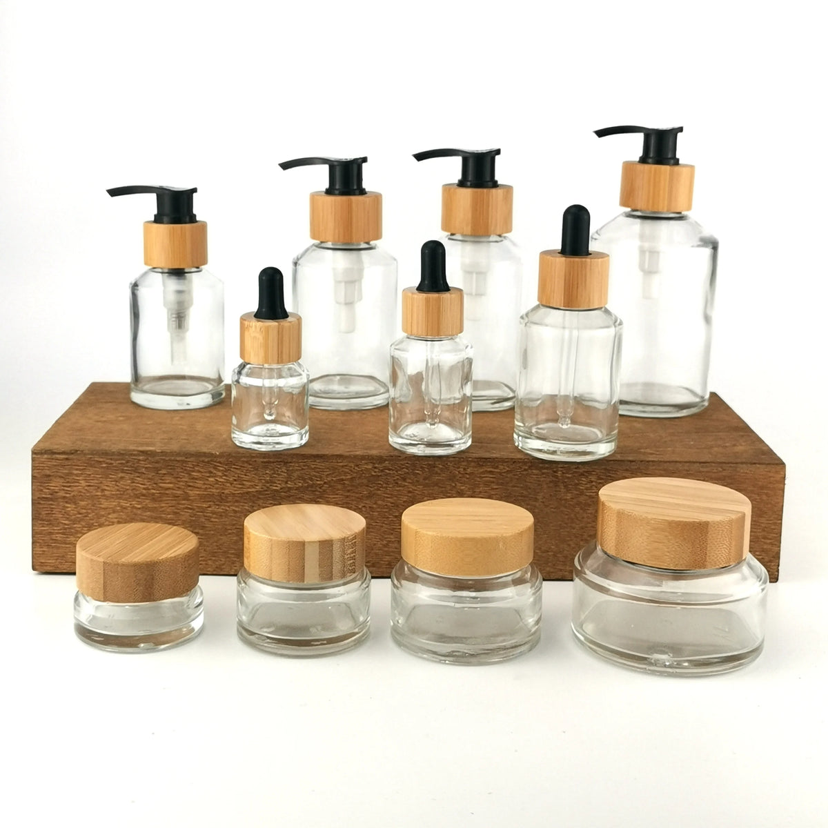 Inclined Shoulder clear Glass Bottle 15 ml 30 ml 60 ml 100 ml 120 ml 200 ml and 15 g 30 g 50 g 100 g Glass Jar with Bamboo Lid