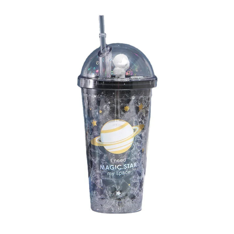 Drink Cup Double Wall Planet Cartoon Acrylic Plastic Tumbler Kids Sports Sippy 450ML Plastic Water Cups With Lids and Straws