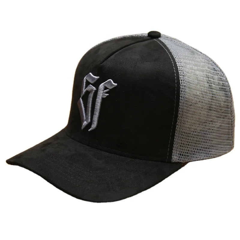 Good Quality Customize 3D Embroidery Logo Two Tone Suede Oxford 5 Panel Brown Beige Mesh Sporty Trucker Cap