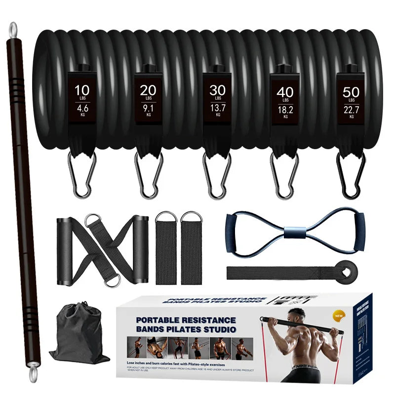 Portable Pilates Exercise Bar Kit With Adjustable Resistance Bands for Use at Home Gym Office or Travel