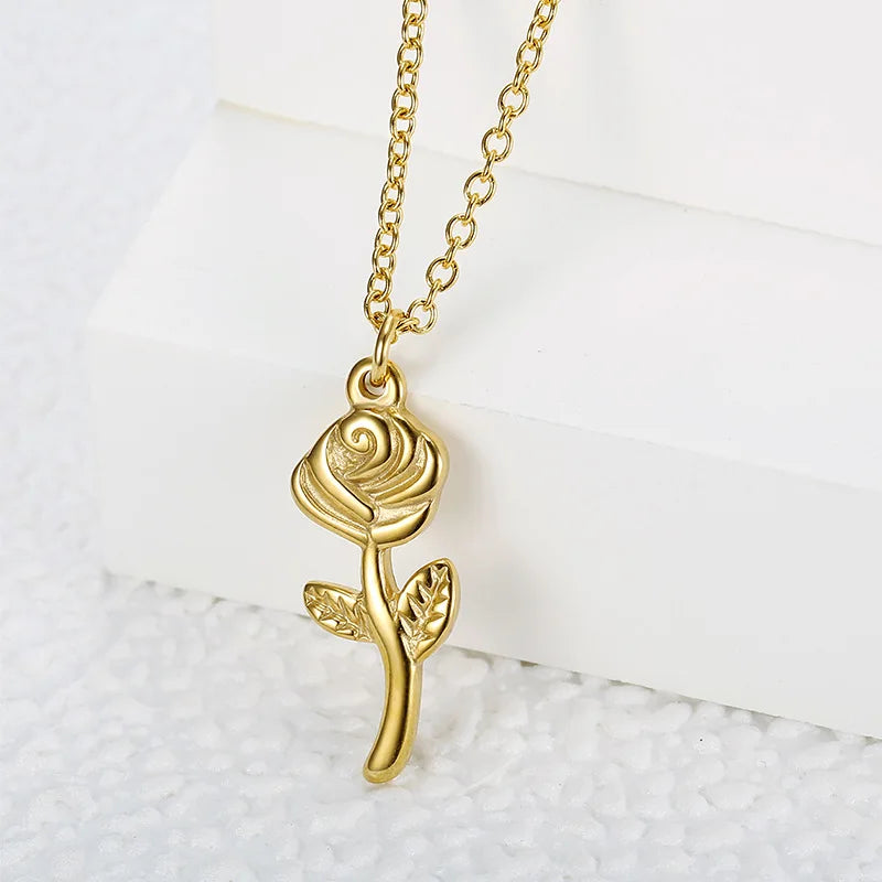 Ins Design Creative Rose Flower Stainless Steel Necklace Trendy Birth Gift for Lady Tarnish Free Jewelry