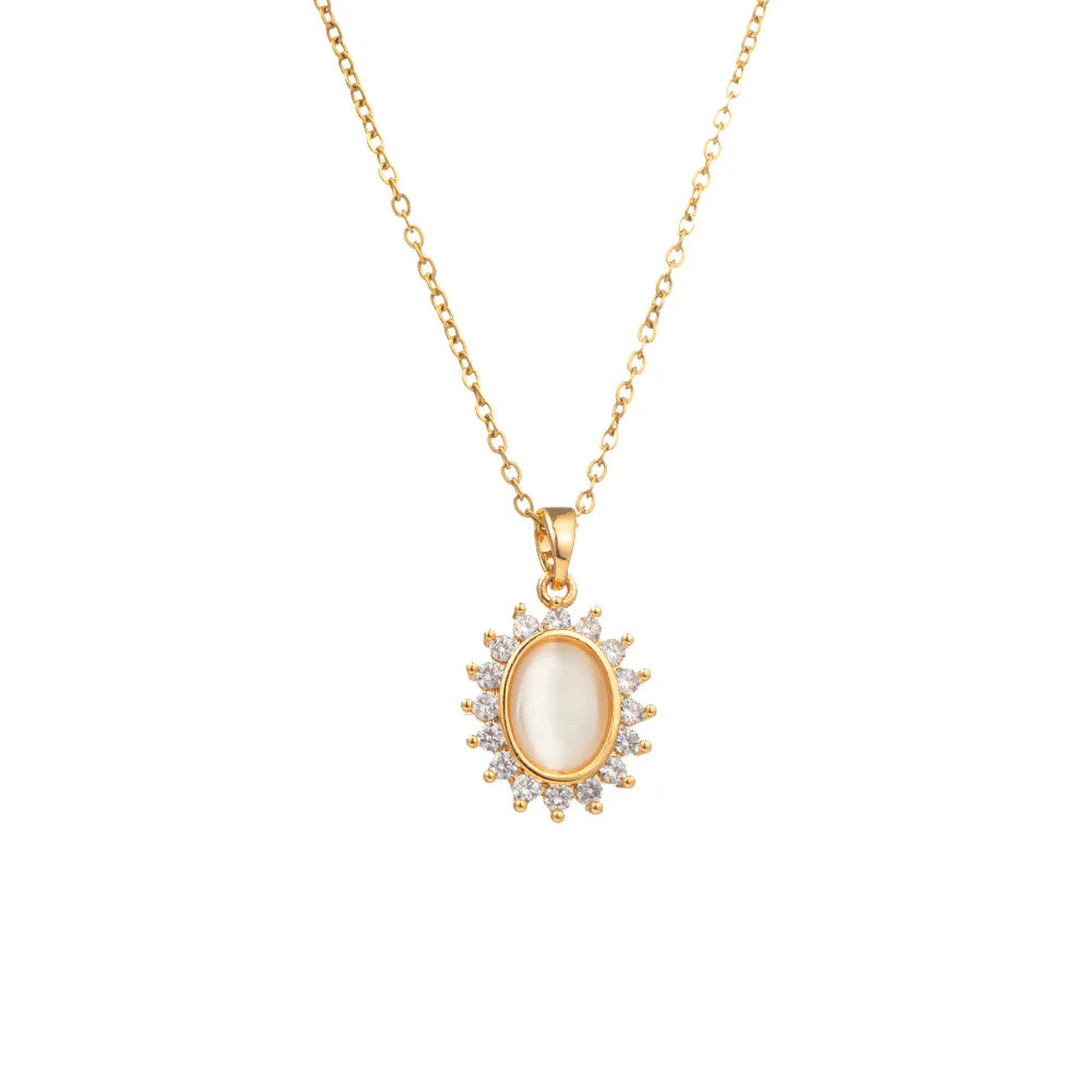 Fashionable Women Oval Stainless Steel Chain Natural Cat's Eye Stone Necklace