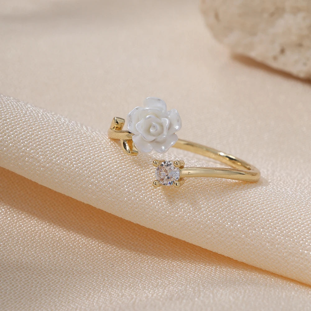 De Flower Design Cubic Zirconia Ring Rose Flower Gemstone Zirconia Open Rings Resizable Open Gemstones Flower Brass Ring