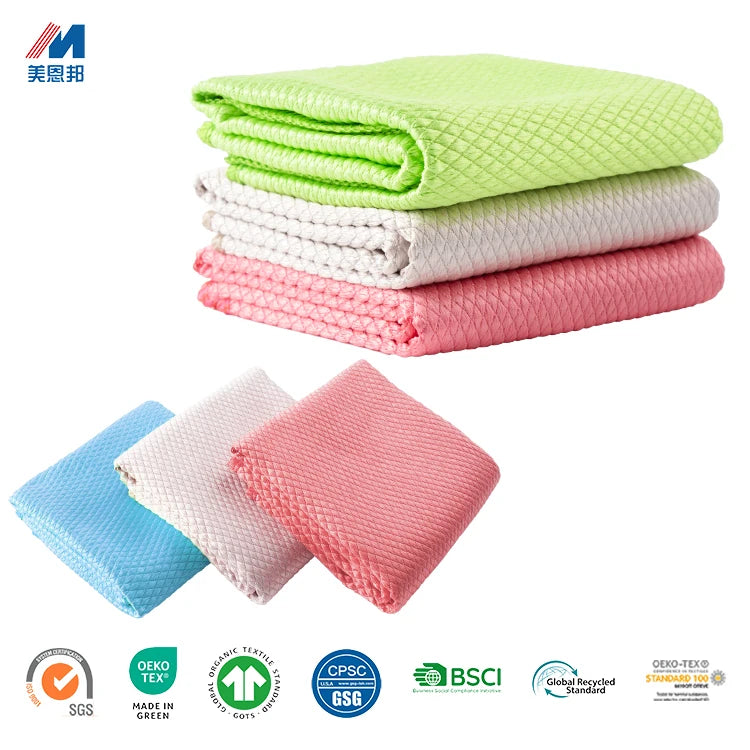 Quick Dry Lint Free Fish Scale Weave Microfiber Kitchen Rag Heavy Duty Watermark Free Reusable Square Scrubbing Towel Cloth
