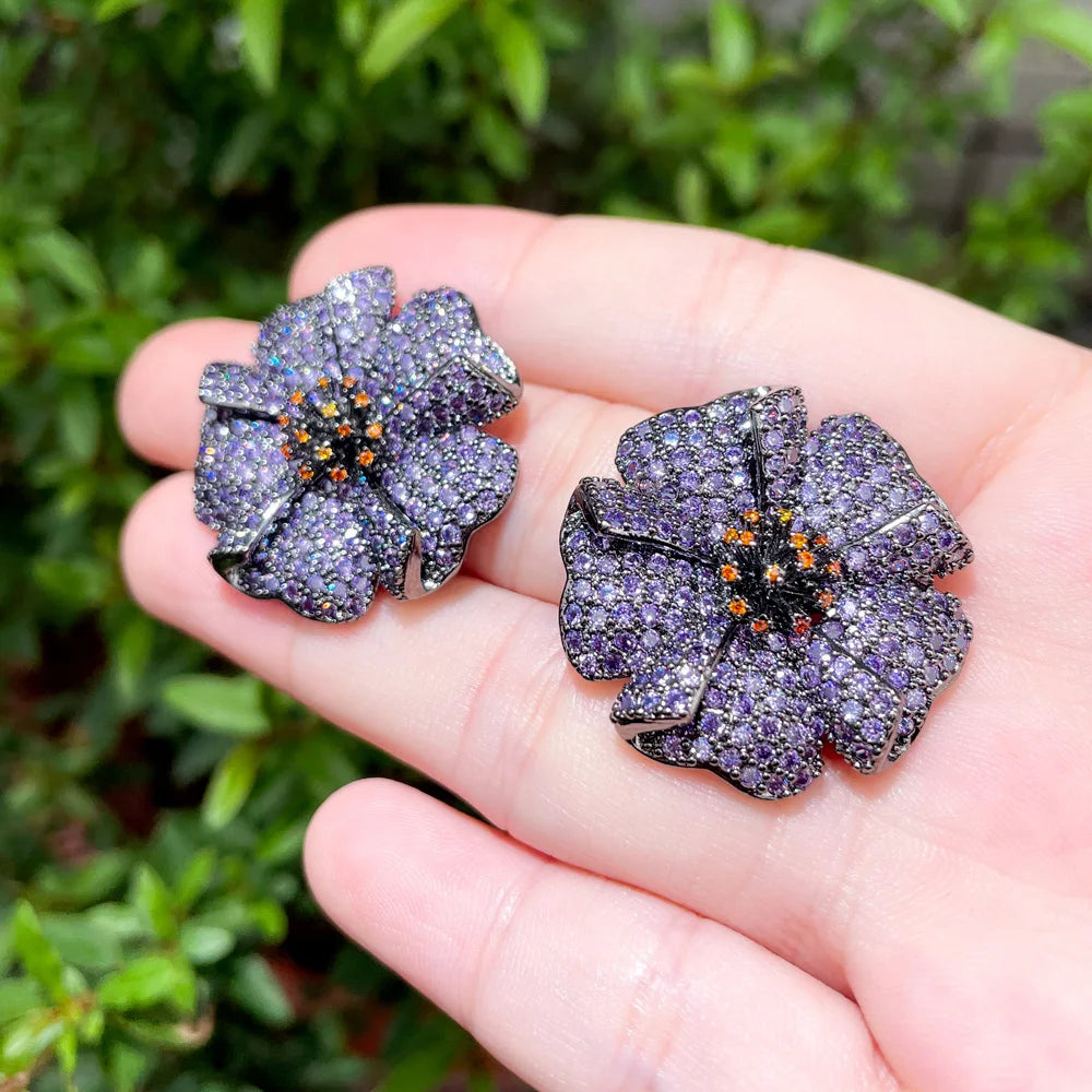 Gorgeous Violet Flower Purple Cubic Zirconia Crystal Big Stud Earrings for Women Micro Pave CZ Wedding Party Jewelry