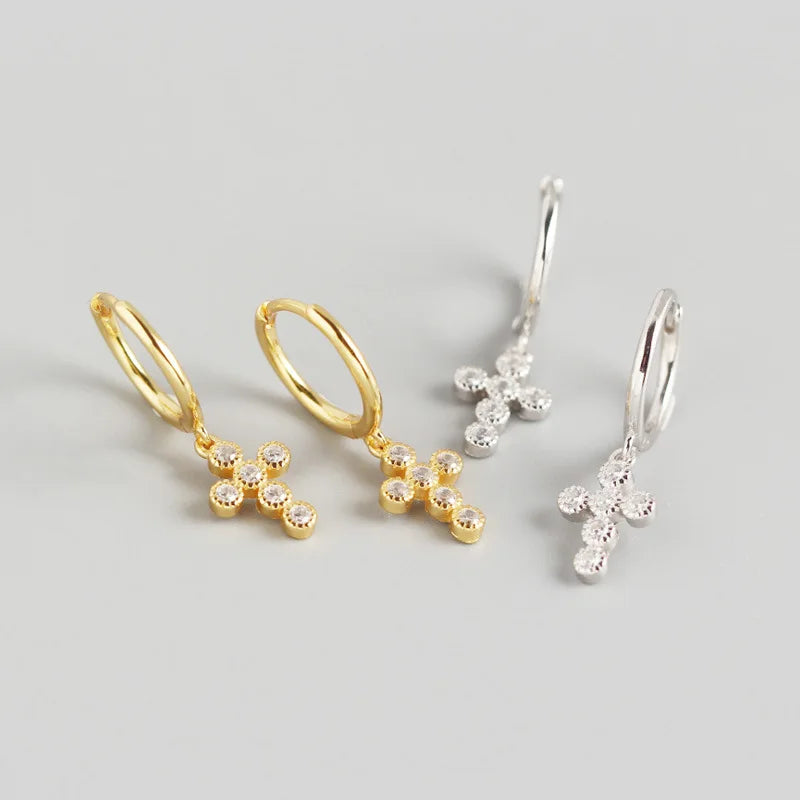 Latest S925 Sterling Silver Gold Plated Cubic Zirconia CZ Religious Cross Shaped Pendant Earrings Women Party Wedding Gift