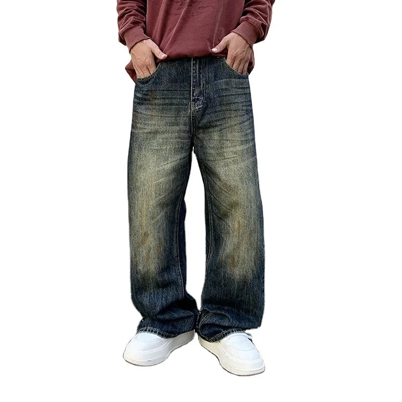 Ready Shipping Dropping Men Dark Vintage Stonewashed Jeans Straight Fitting Good Quality Rivet Faded Trousers Designer Jeans