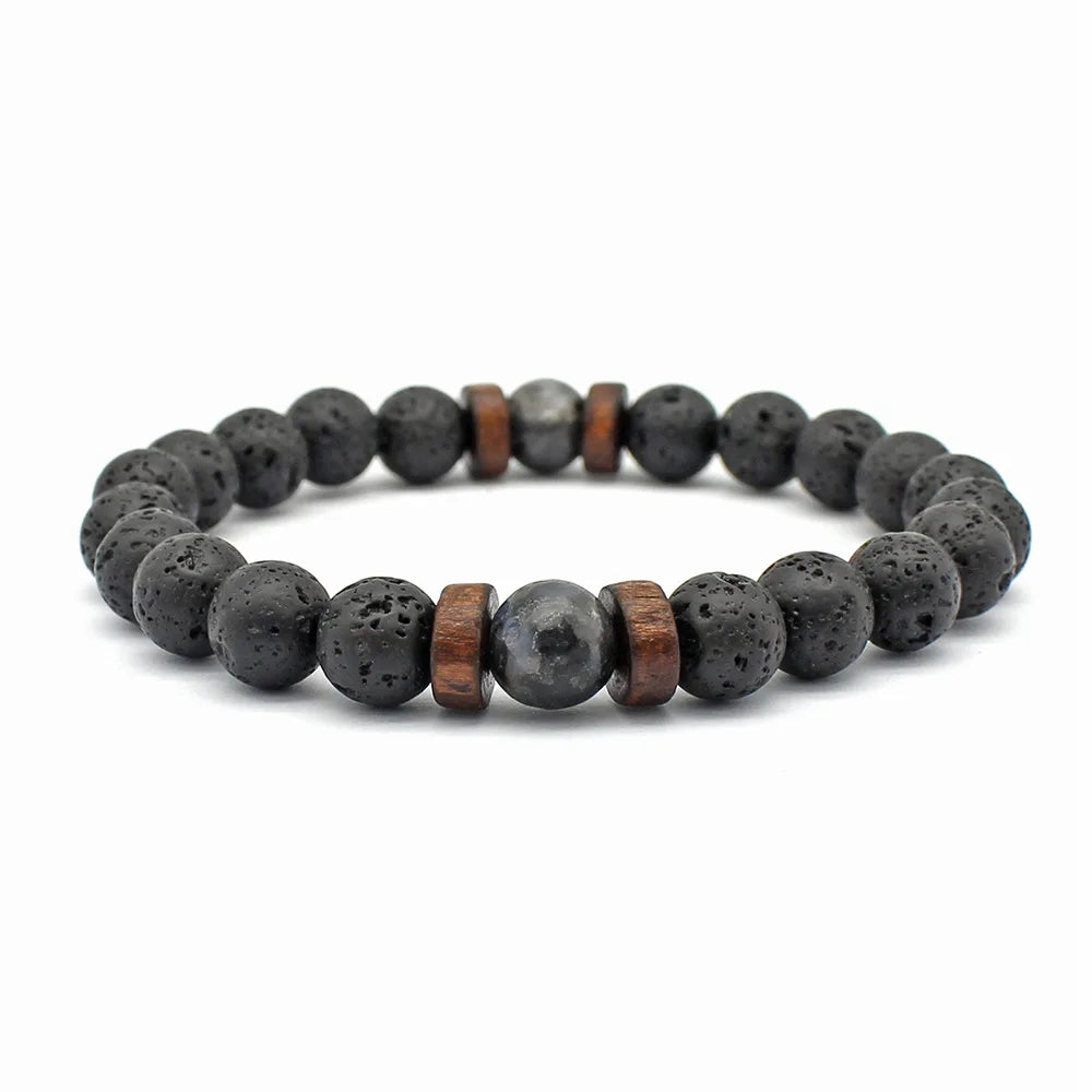 Welwish New Handmade Natural Lava Rock Stone Bead Wood Bead Bracelet for Unisex
