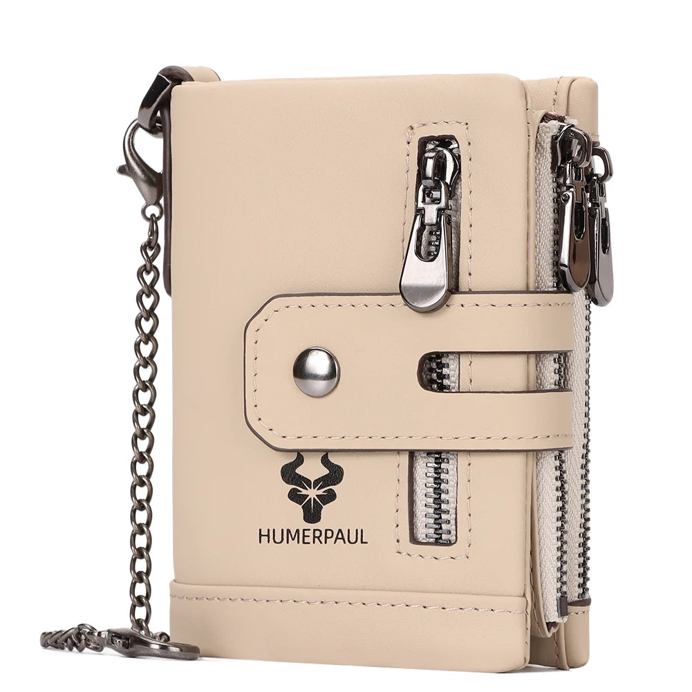 HUMERPAUL Custom Logo Wallet for Women Top Layer Cowhide Billetera Hombre Vintage RFID Card Holder Purse with Anti-theft Chain