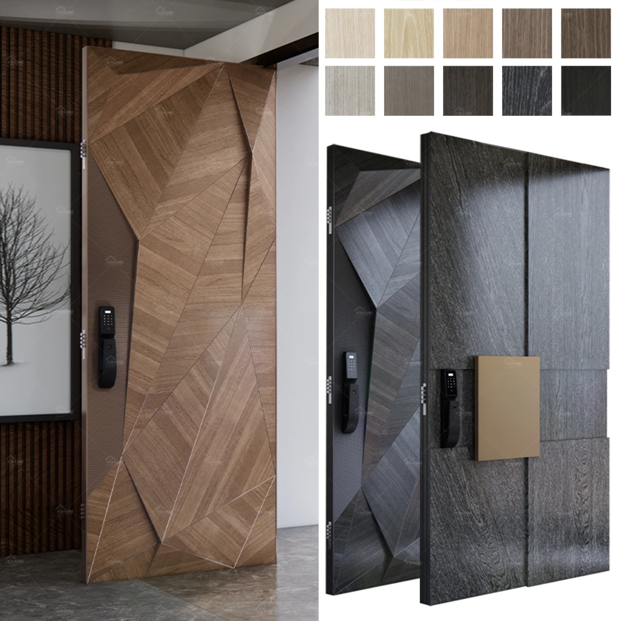 EU Entry Door Hotel Villa Exterior Security Doors Solid Wood Smart Lock Modern Main Front External Pivot Doors
