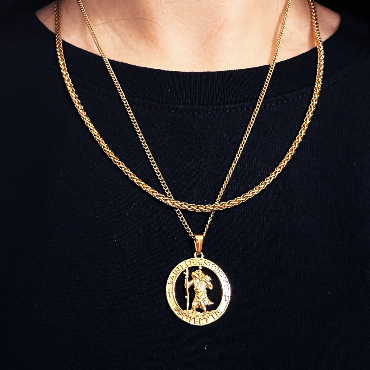 Catholic Fashion Greek Saint Protect Us Charm Stainless Steel Saint Christopher Pendant Necklace Set Gold for Men Jewelry Making MegaBDM