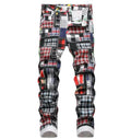 European and American Style Jean Youth Digital Printed Plaid Patchwork Fashionable Elastic Denim Pants