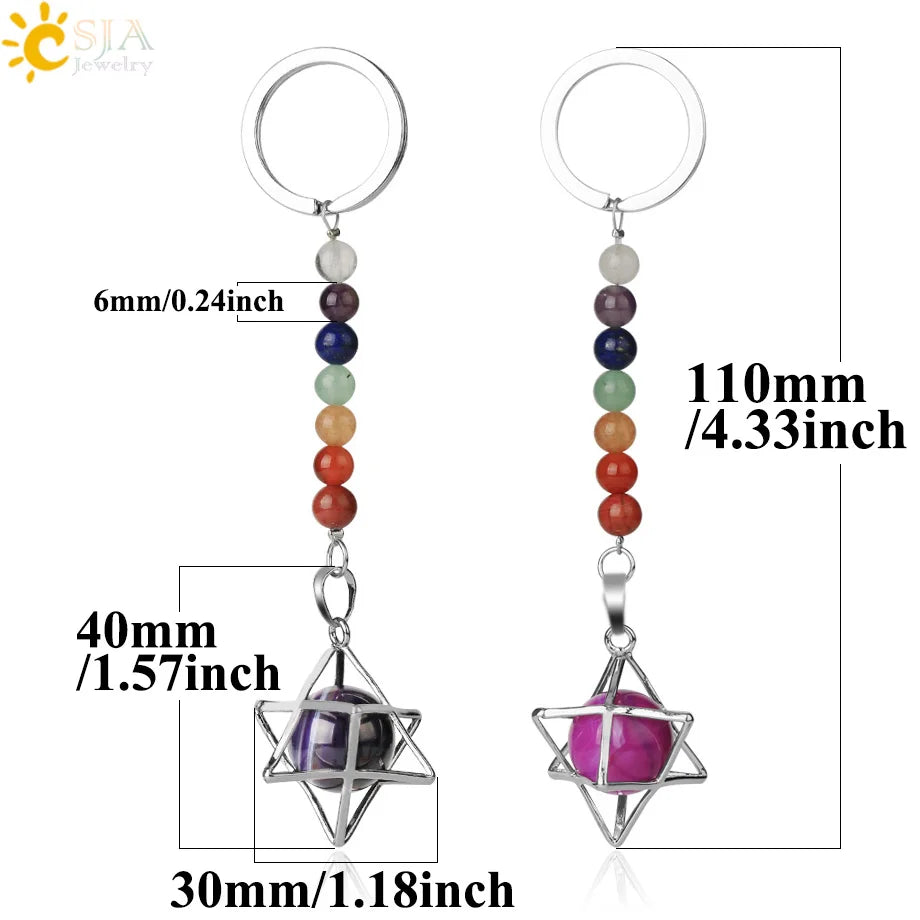 CSJA Hot Selling Natural Stone Crystal Fashion Keychain 7 Chakra Merkaba Locket Pendant Accessories Keychain G352