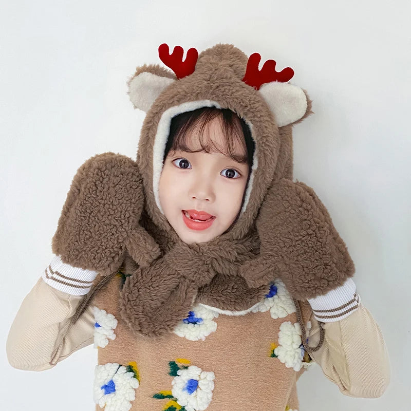 Outdoor Fur Style Earflap Hoodies Winter Cute Warm Kids Hat Scarf Gloves Set