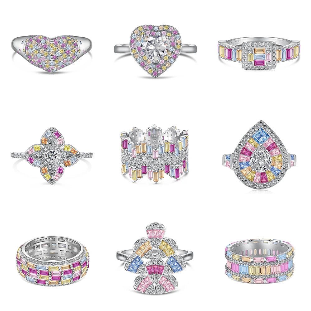Trendy 925 Sterling Silver Jewelry Rainbow Gemstone Engagement Rings Cubic Zirconia Gold Plated Rings for Women Girls