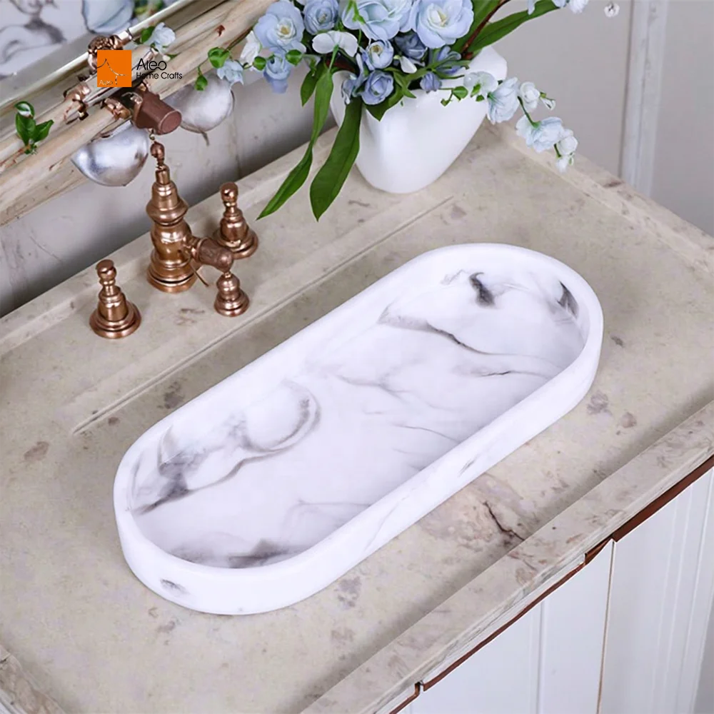 White Marble Polyresin Oval Serving Tray for Home Hotel Bathroom Vanity Countertop Dresser Candle Table Organizer Accessories