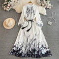 Women's Retro Lantern Sleeve Stand up Collar Slimming Print Pleated Dress