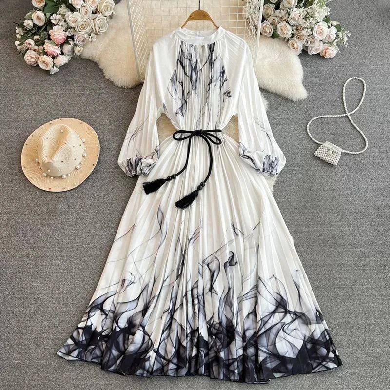 Women's Retro Lantern Sleeve Stand up Collar Slimming Print Pleated Dress