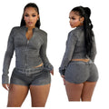 Best-Selling Long Sleeve Elastic Denim Shorts Set with Vintage Patches Buttons Panelled Design Above Knee Length New Arrival